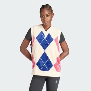 Adidas Argyle Fluffy V-Neck Vest in Dark Blue Wild Pink Magic Beige Size L